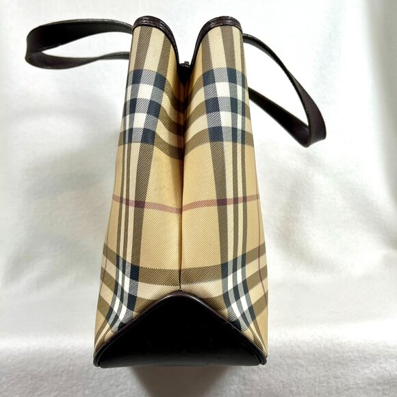BURBERRY Checker Medium Tote Bag Beige/Brown Inside zipper pocket Purse PVC - Picture 5 of 16